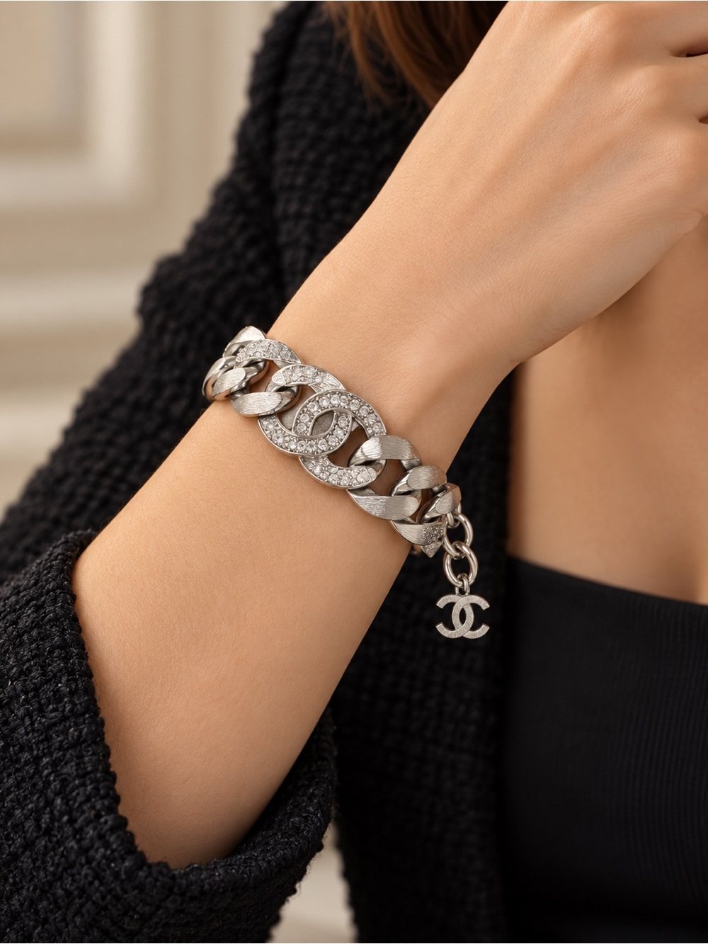 CHANEL Silver Crystal Interlocking Link Bracelet with CC Charm